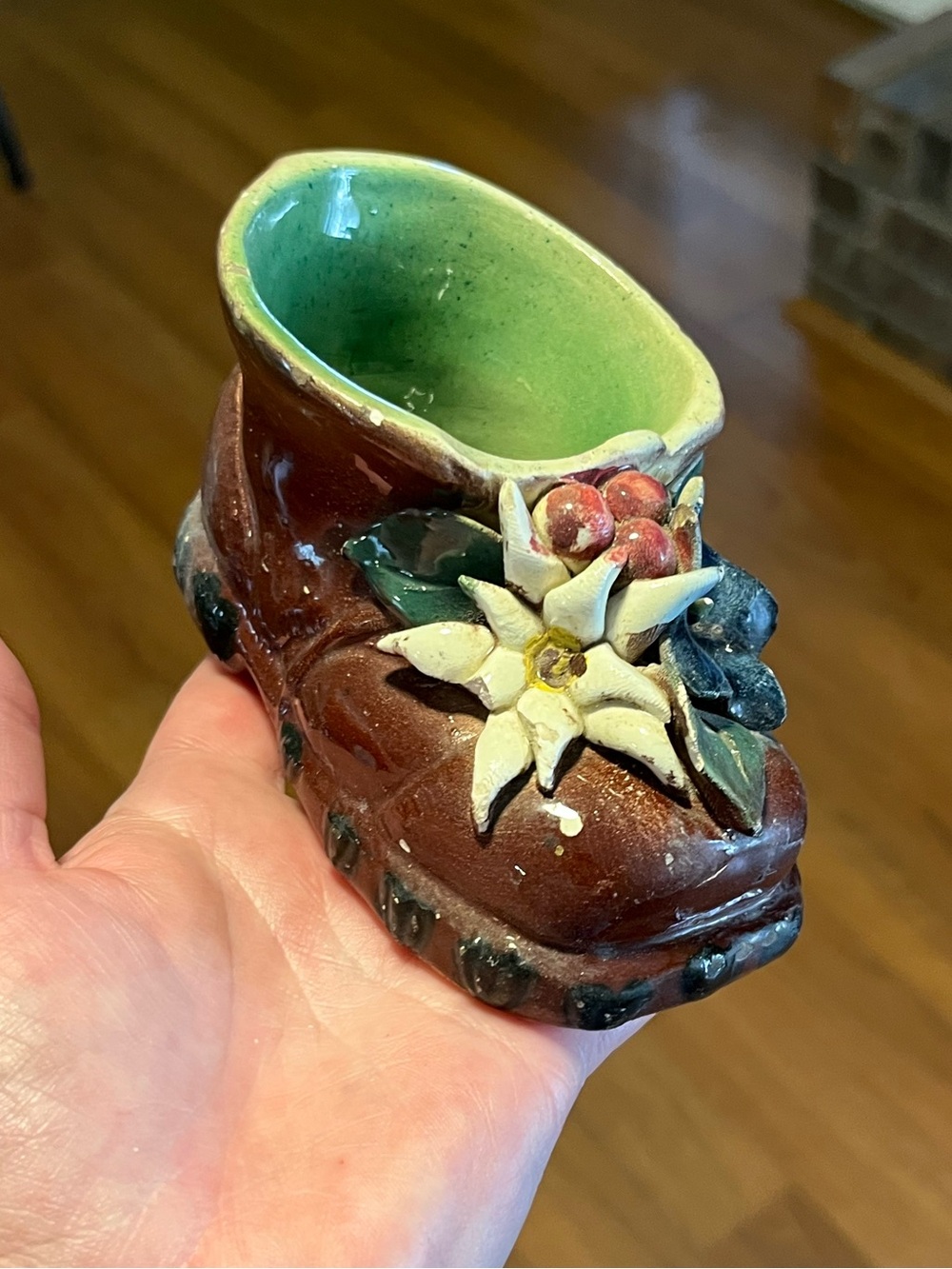 Hand-Painted Ceramic Decorative Boot Planter in Brown and Green